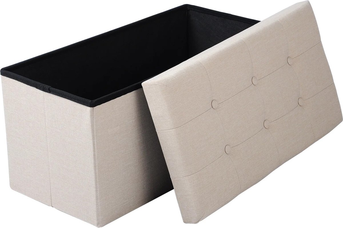 BukkitBow Opvouwbare Linnen Opbergpoef - Kubus Opbergkist (76X37,5CM) - Cremé/Wit