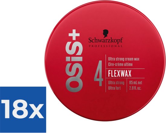 Pot rouge avec logo OSIS+. "18x" dans un bloc bleu. Schwarzkopf Professional, Flexwax, Cire-crème ultime, 85ml.