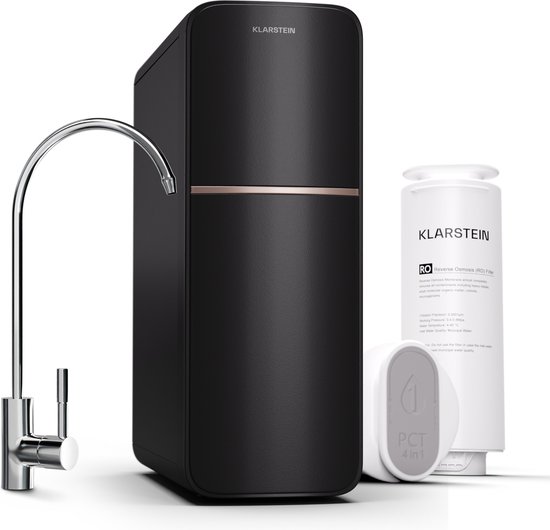 Klarstein Système de filtration d'eau par osmose - 800 Gpd - 3000 litres - Système de filtration d'eau pour eau potable - Filtration à 5 niveaux - 2 Filtres - Atteint 99 à 99 % de pureté - Zwart