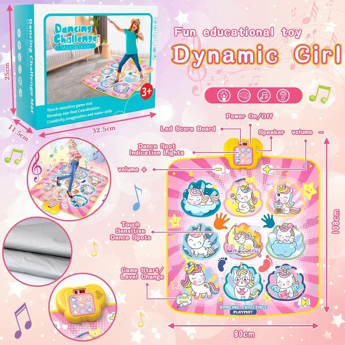 Tapis De Danse Musical Purpledi Pour Enfants – 5 Modes De Défi, LED, 90x108 Cm, Pliable, Avec 3 Piles AA, Pour 3-10 Ans