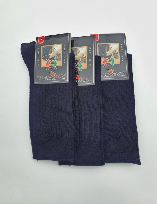 Heren dunne wollen sokken - brede boord - 3 paar - marine/donkerblauw