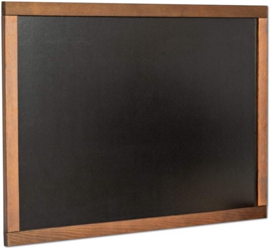 Een zwart krijtbord met een bruin houten frame, horizontaal geplaatst.