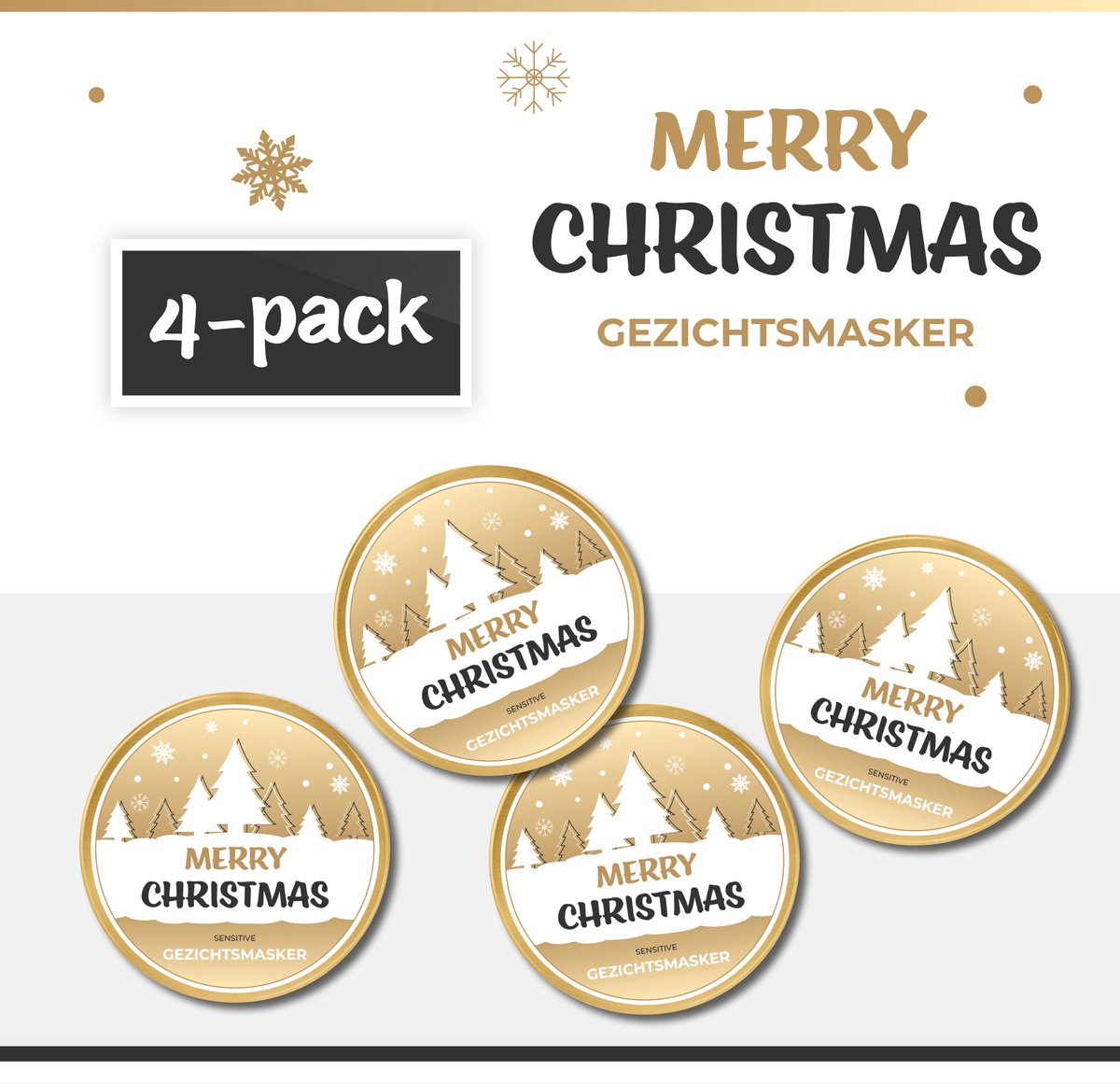 Goedkoopste Gezichtsmasker Merry Christmas - 4-Pack - 50 ml - 200 gram | Kerstgeschenk - Klein Kerstcadeautje - Christmas Gift - Cadeau - Kerst - Kerstpakket - Kerstpakketten - Fijne Kerstdagen - Cadeautje - Feestdagen - Goud - Zwart