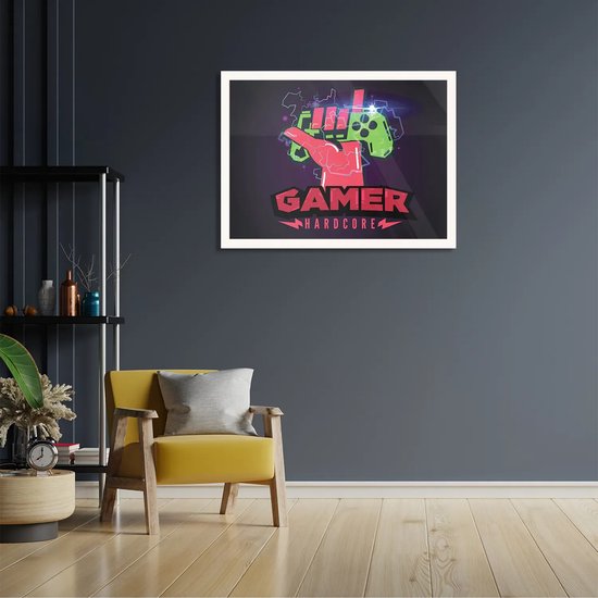 Poster Gamer Hardcore Rechthoek Horizontaal Met Lijst M (40 X 30 CM) - Witte Lijst - Wanddecoratie - Posters