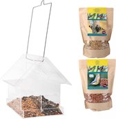 Esschert Design hangende voedersilo - Combivoederbak voor vogels - Inclusief Buten Bird Food pinda's 1.5KG en strooivoer 1.5KG