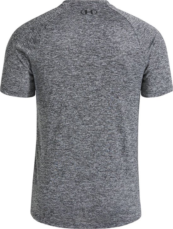 Donkergrijs gemêleerd sportshirt van Under Armour, achterkant met logo in nek.