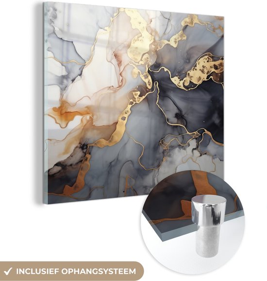 MuchoWow® Glasschilderij 50x50 cm - Schilderij acrylglas - Marmer - Zwart - Goud - Wit - Foto op glas - Schilderijen