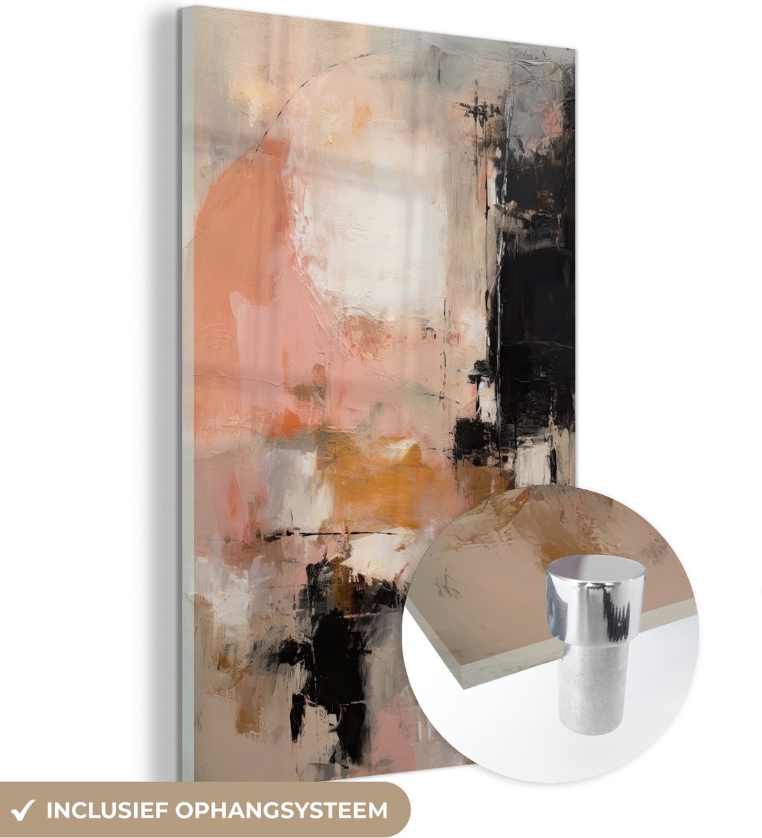 MuchoWow® Glasschilderij 120x180 cm - Schilderij acrylglas - Kunst - Abstract - Beige - Verf - Foto op glas - Muurdecoratie woonkamer - Wanddecoratie slaapkamer - Schilderijen