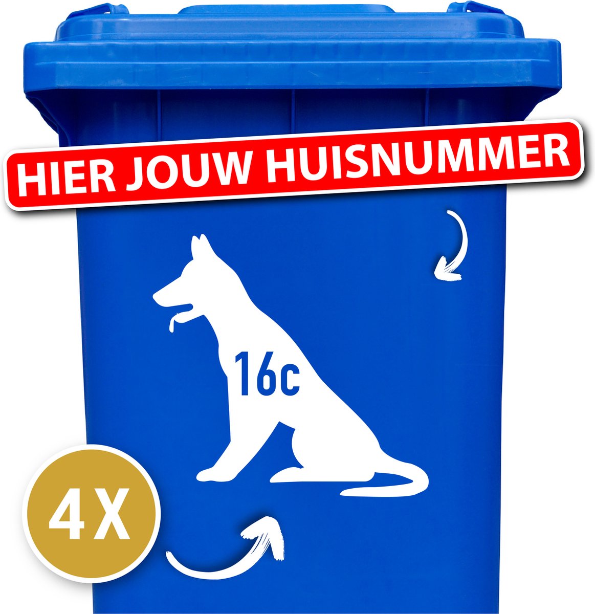 Container sticker - klikostickers - kliko sticker voordeelset - 4 stuks - Mechelse herder - 20 x 19 cm - container sticker huisnummer - wit - vuilnisbak stickers - container sticker hond