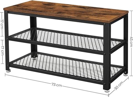 Bankje van hout met metalen frame. 73cm lang, 45cm hoog. Met 2 metalen roosterplanken.