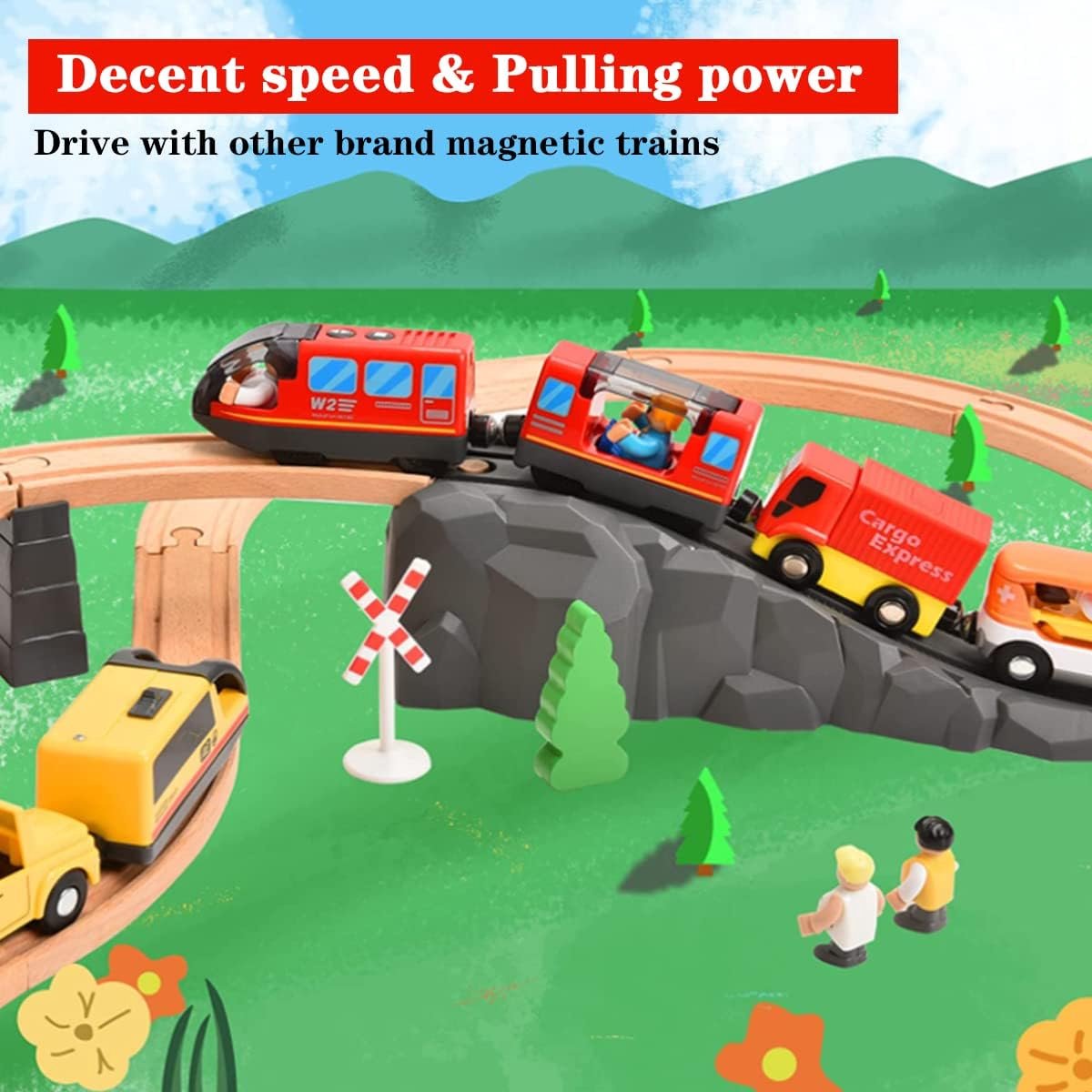 Train électrique à Piles Avec Connexion Magnétique - Jouet En Bois Compatible Thomas, Brio - Pour Enfants Dès 3 Ans (jaune) - 8