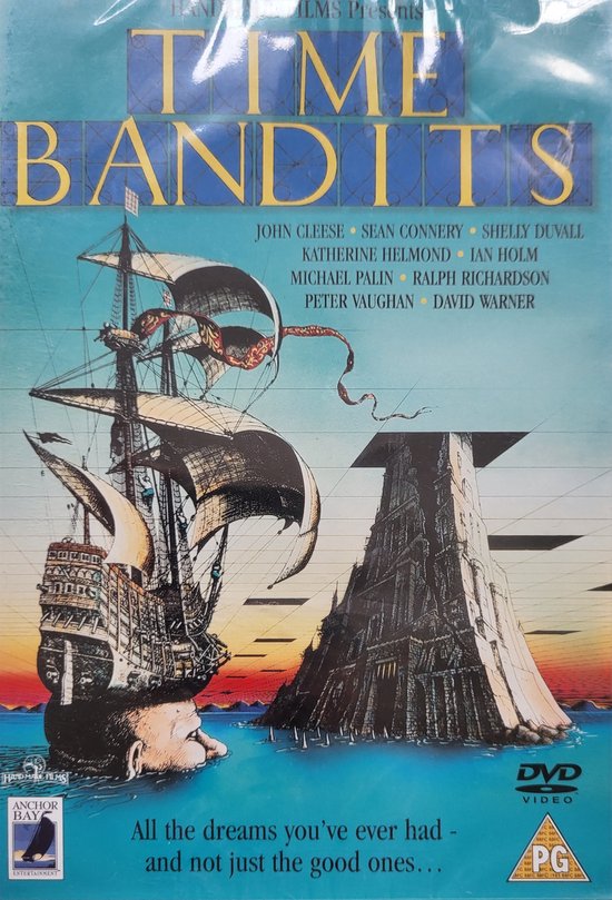 DVD cover met zeilschip en een piramide-achtig gebouw. Titel 'TIME BANDITS' en castlist.