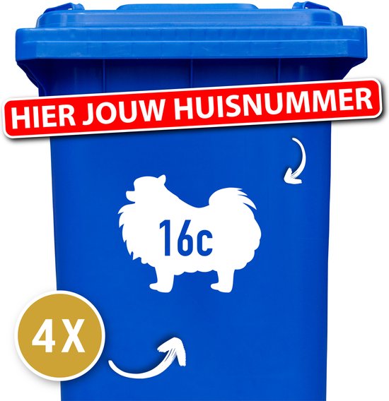 Container sticker - klikostickers - kliko sticker voordeelset - 4 stuks - Pomeriaan - container sticker huisnummer - wit - vuilnisbak stickers - container sticker hond