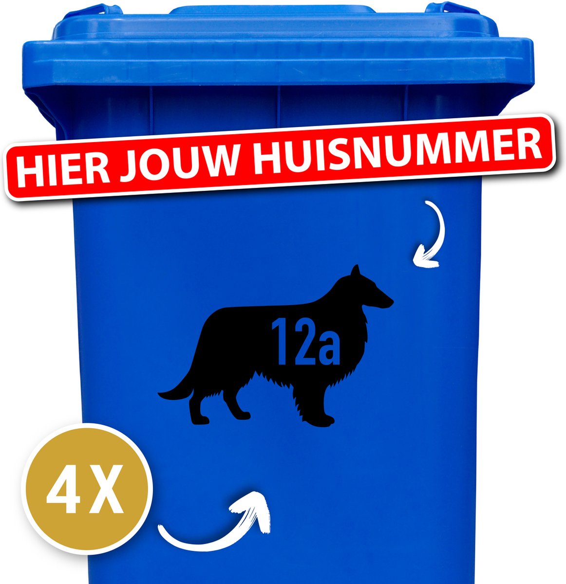 Container sticker - 4 stuks - Shetland sheepdog - container sticker huisnummer - zwart - vuilnisbak stickers - container sticker hond