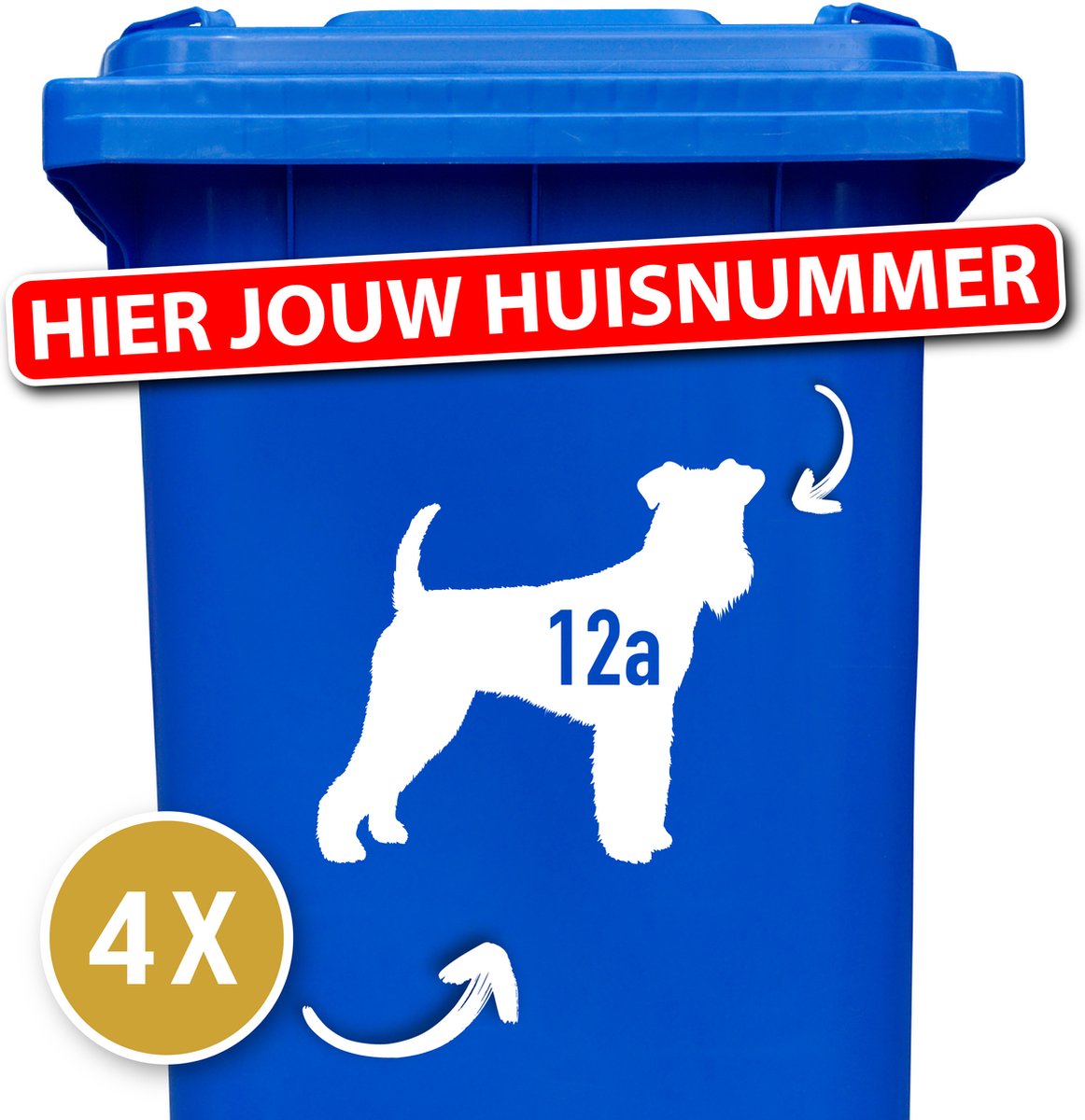 Container sticker - klikostickers - 4 stuks - Airedale - container sticker huisnummer - wit - vuilnisbak stickers - 12345678910 - cadeau