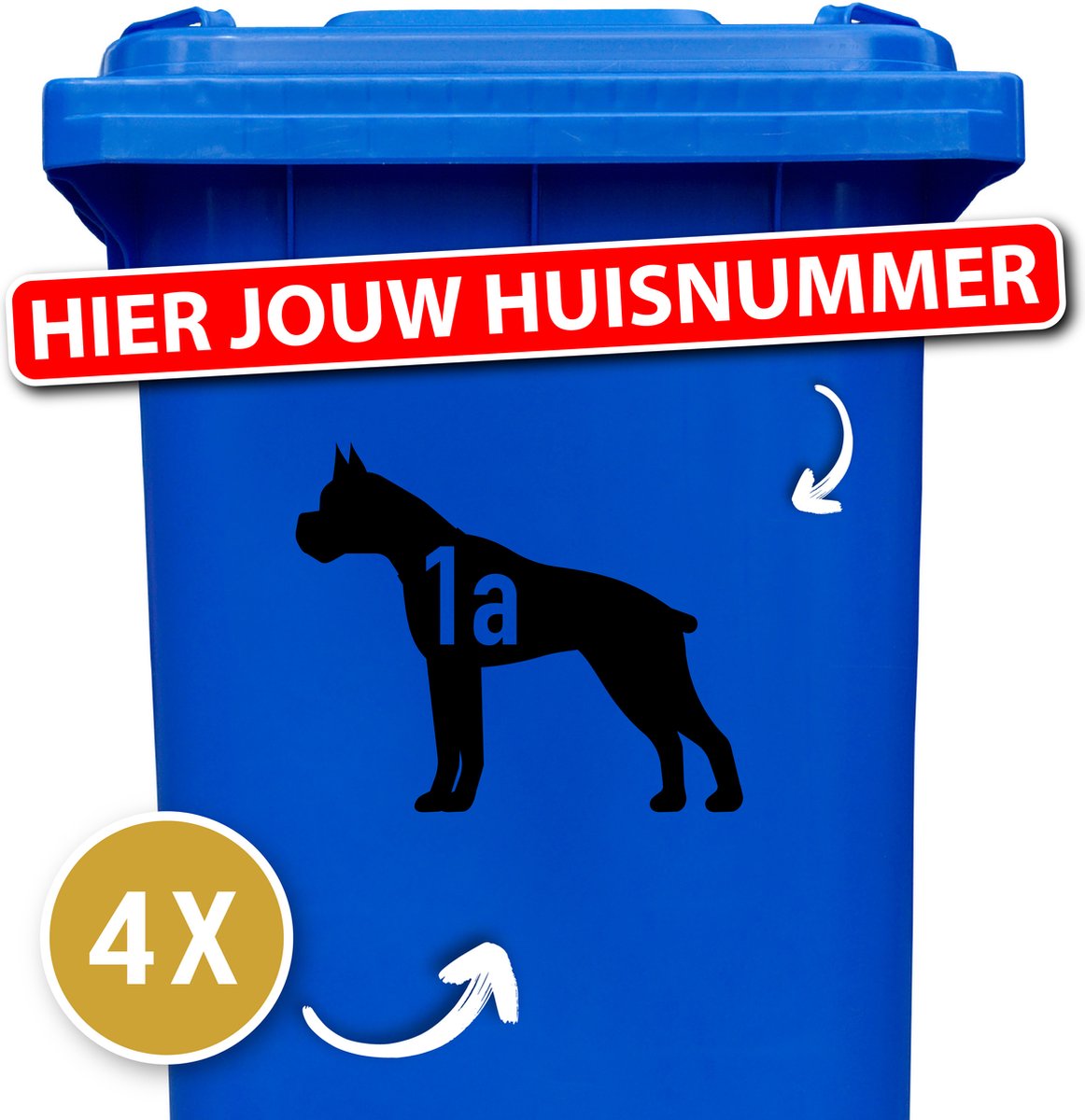 Kliko sticker voordeelset - 4 stuks - Boxer - container sticker huisnummer - zwart - vuilnisbak stickers