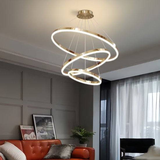 Chandelix - Lampe à suspension LED Or Chrome - 3 Bagues - avec télécommande et application - Intensité variable - Hauteur réglable - Éclairage du salon - Éclairage de la chambre - Lampe annulaire