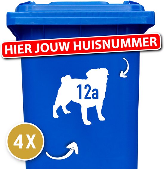 Container sticker - klikostickers - kliko sticker voordeelset - 4 stuks - Mopshond 2 - container sticker huisnummer - wit - vuilnisbak stickers - container sticker hond