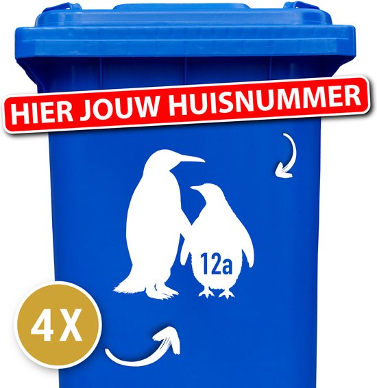 Container sticker - Container Sticker Huisnummer - Variant: Pinguins - Kleur: Wit - Aantal: 4 Stuks - Stickers volwassenen - Cijfer stickers - Container stickers - sticker - stickers