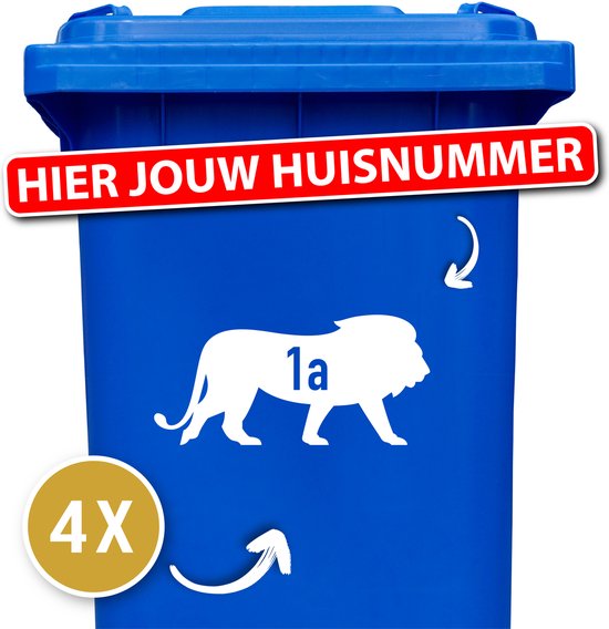 Container sticker Leeuw met huisnummer 4 Stuks - Kleur: Wit - Formaat: 25 x 12 cm - Stickers volwassenen - Cijfer stickers - Container stickers - sticker - stickers - 12345678910 - Cadeau