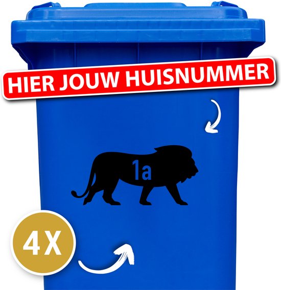 Container sticker Leeuw met huisnummer 4 Stuks - Kleur: Zwart - Formaat: 25 x 12 cm - Stickers volwassenen - Cijfer stickers - Container stickers - sticker - stickers - 12345678910 - Cadeau
