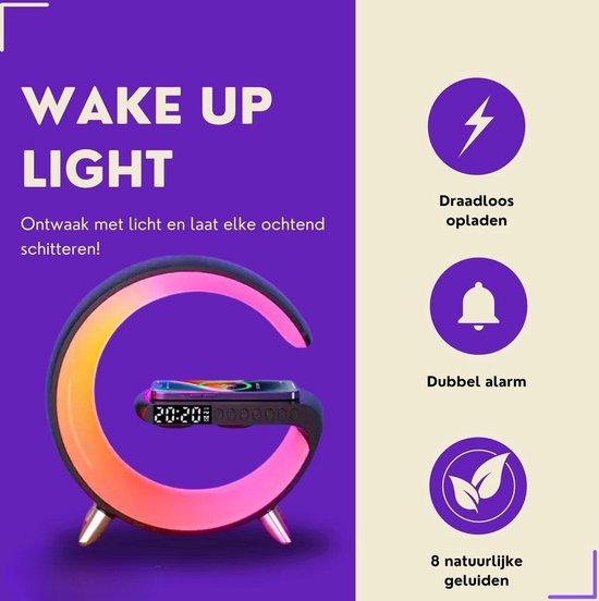 DiverseGoods Wake-Up Light - Met Draadloze Oplader - Digitale Wekker - Lichtwekker - Wekkerradio - LED Light - Bluetooth Speaker- Zwart mini van DiverseGoods — afbeelding 4