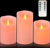 vlamloze batterij aangedreven LED kaarsen: echte wax pijler met afstandsbediening flikkerende nep-lichten voor decoratie kerst bruiloft verjaardagsfeestje Valentijnsdag (Set van 3 roze)