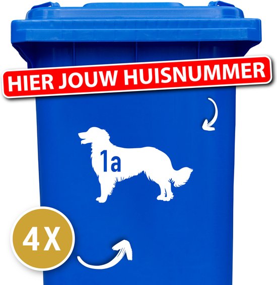 Container sticker - container sticker hond - kliko sticker voordeelset - 4 stuks - Kooikerhondje - container sticker huisnummer - wit - vuilnisbak stickers