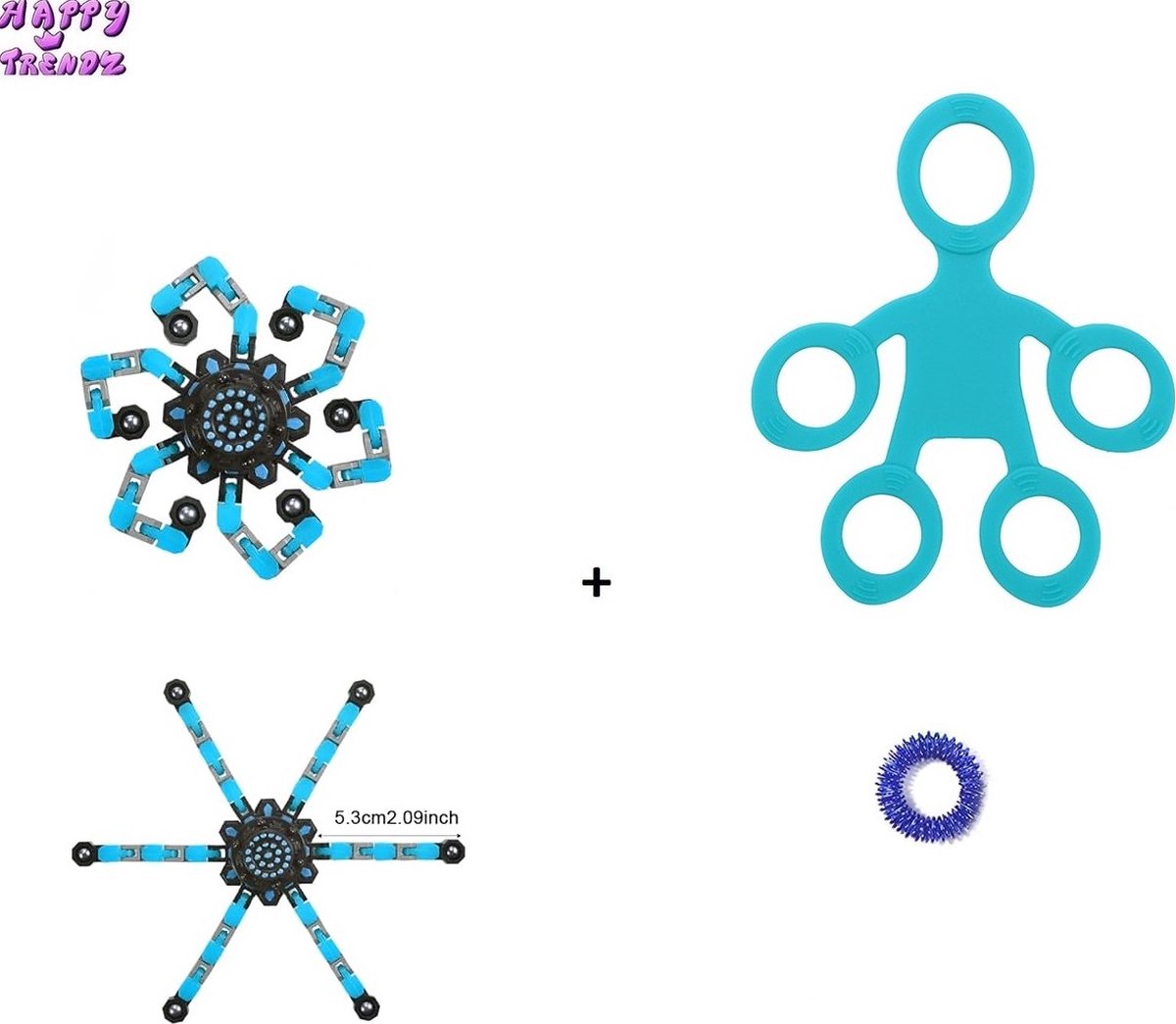 Happy Trendz® Set of 3 - Fidget Sensory Ring Duimspelen Blauw - Fidget Robot Wacky Track Spinner - TikTok Fingerstretch Blauw - Cadeau Gift Pakket - Hype - 2023 - 3 in 1 pakket blue