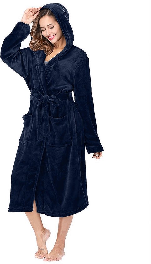 Dames badjas fleece/ velours benyson met capuchon donker blauw S/M