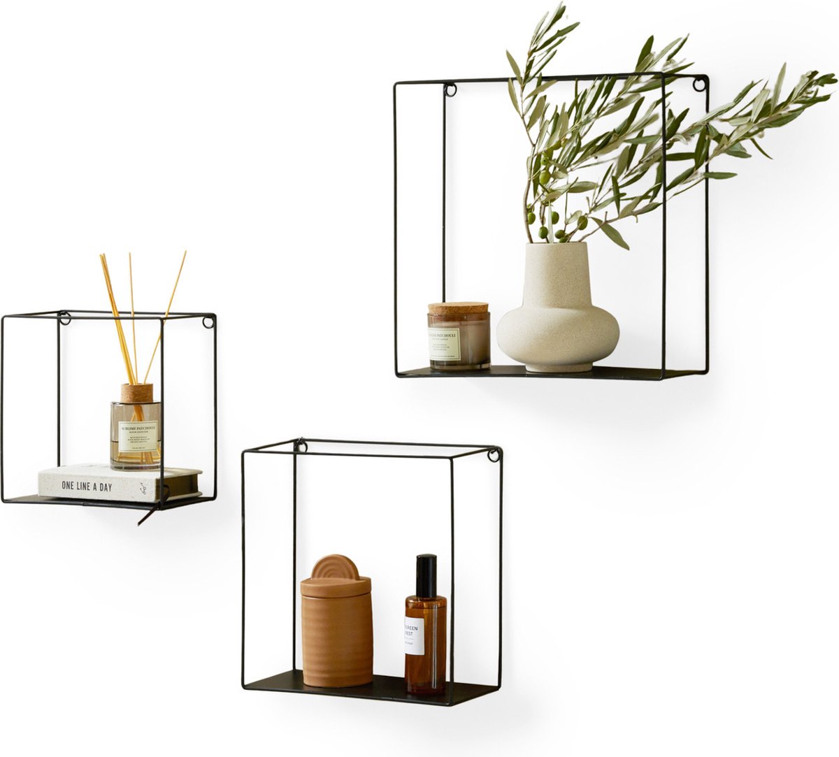 Lifa Living - Wandrek Gerona - Set van 3 - Zwart - Metaal - Industrieel - 22 x 12 x 22 cm - 27 x 12 x 27 cm - 32 x 12 x 32 cm