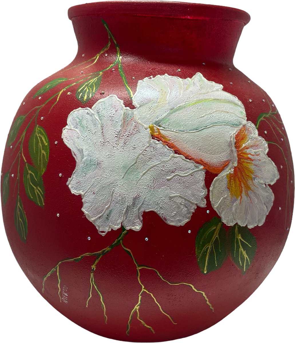 Galerie de voorst Handbeschilderde design bol vaas rood met witte orchideeën