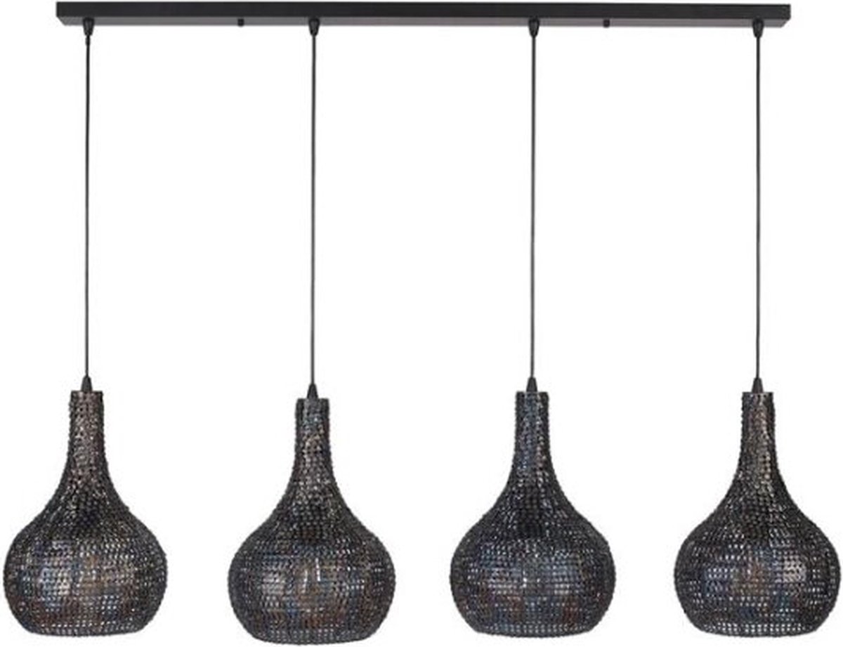Hanglamp 4 Lampen - Kegel - Armor - 4 Lichts - Zwart/Bruin - Burned Finish - Handgemaakt - Metaal - Woonkamer - Keuken - In Hoogte Verstelbaar tot 150 cm - LED Lichtbron - Exclusief Lichtbron - 220 V