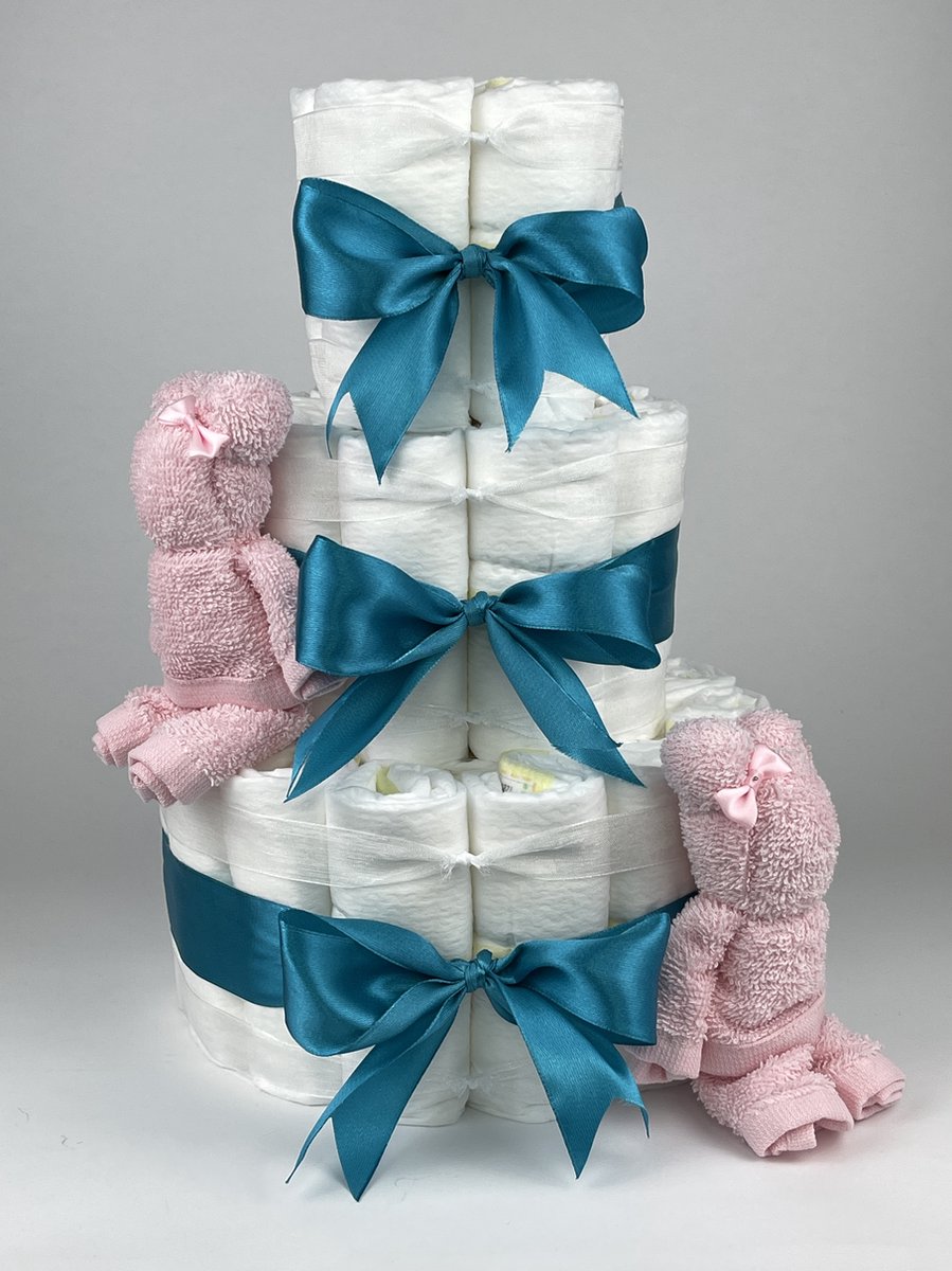 Chouette-Chouette | Luiertaart Meisje | Kraamcadeau | Geboorte Meisje | Babyshower | Beren Roze - Petrol