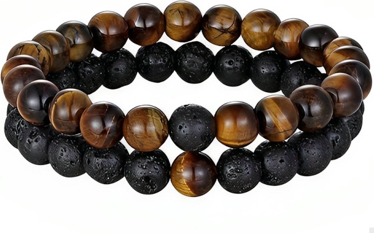 Dubbele Kralen Armband - Natuursteen - Armbanden Heren Dames - Lava / Tijger Oog Bruin - Papa Cadeau Voor Mannen - Vaderdag
