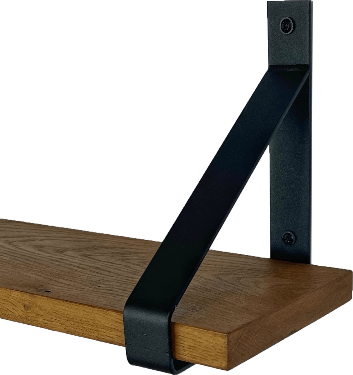 GoudmetHout Wandplank Industrieel - 180 x 20 cm Muurplank - Donker Eiken Hout - Decoratie Wandrek & Boekenrek - Hangplank Keuken - Wall Shelf + 2 Mat Zwarte Plankdragers van Staal Donker Eiken + Mat zwart 20 cm