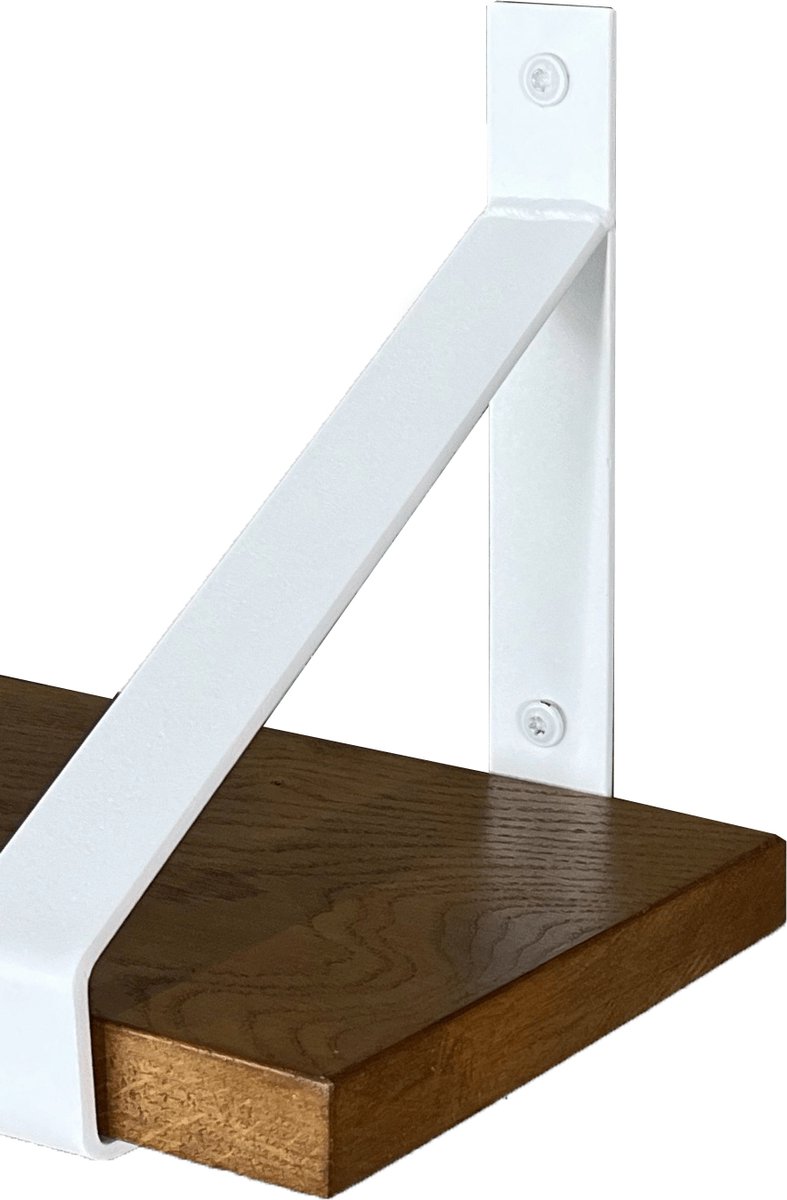 GoudmetHout Wandplank Industrieel - 220 x 20 cm Muurplank - Donker Eiken Hout - Decoratie Wandrek & Boekenrek - Hangplank Keuken - Wall Shelf + 2 Mat Witte Plankdragers van Staal Donker Eiken + Mat wit 20 cm