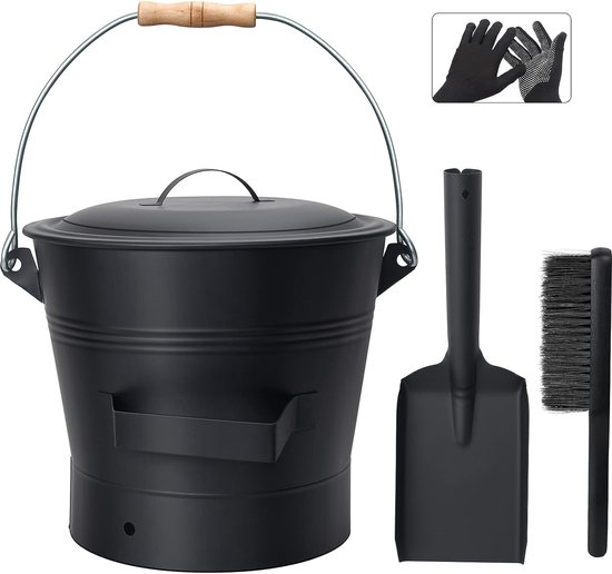 Foto: Emmer a asemmer met deksel bbq ronde kolenemmer voor open haarden 10 liter emmer met schep en handbezem gereedschapsset accessoires voor open haard haard houtkachel