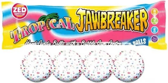 Verpakking 'Tropical Jawbreaker' met vier witte, gespikkelde snoepballen.
