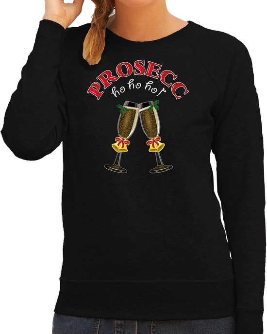 Bellatio Decorations Foute Kersttrui/sweater dames - prosecco - zwart - ho ho ho - kerstborrel XS