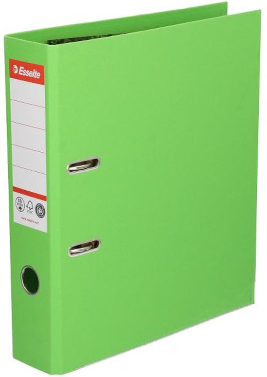 Esselte ordner, A4, groen, met labelruimte en metalen ring aan de zijkant.
