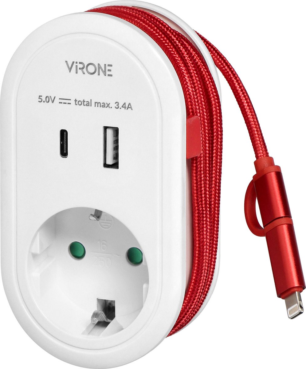 Orno Doorvoerstekker - Verloopstekker 1 voudig - Verdeelstekker USB A & C - Splitter met oplaadkabel - Doorvoerstekker Max 3680 Watt - Wit/rood