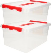 2x Sunware Q-Line opberg boxen/opbergdozen 15 liter 40 x 30 x 18 cm kunststof - A4 formaat opslagbox - Opbergbak kunststof transparant/rood