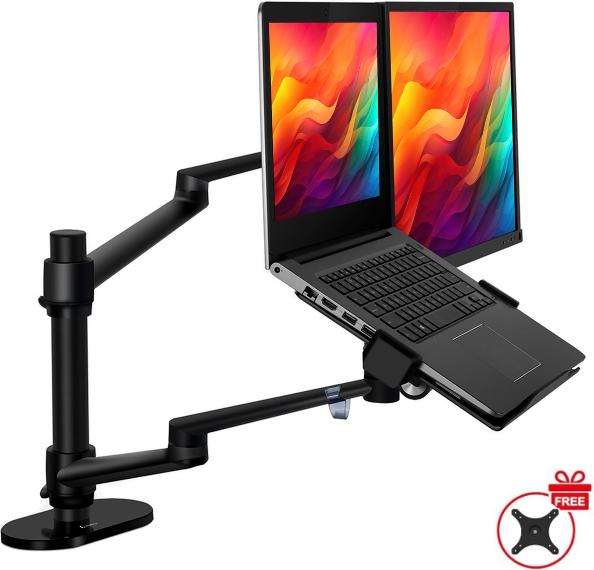 LEVANTU® Monitor arm voor laptop scherm – Monitorbeugel geschikt voor 2 schermen – Monitor Standaard – Laptop Standaard – Verstelbaar– Laptop Arm - Zwart