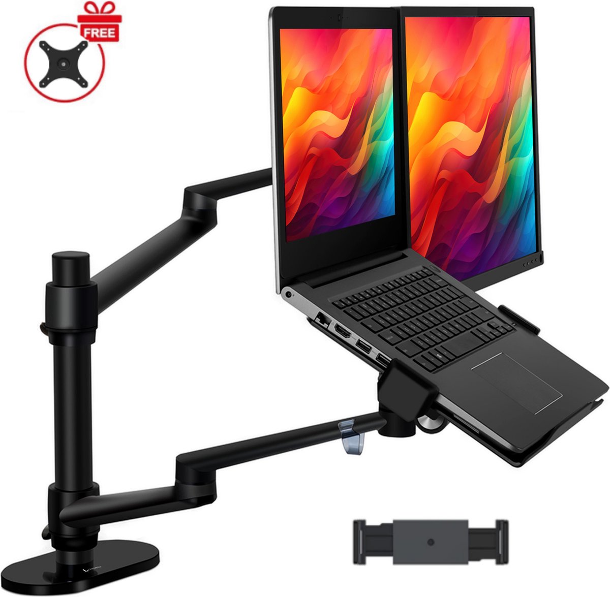 LEVANTU® Monitor arm voor laptop scherm – Monitorbeugel geschikt voor 2 schermen - Tablet houder – Monitor Standaard – Laptop Standaard – Verstelbaar– Laptop Arm - Zwart