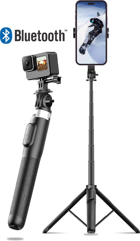 BS® SelfieStick Tripod Pro – Camera statief – 162 cm – Geschikt voor iPhone Samsung Gopro – Selfie Stick universeel - Bluetooth Remote - Vaderdag cadeaupakket