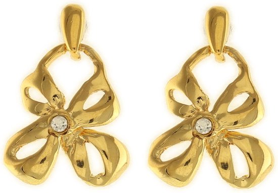 Behave Dames oorbellen hangers strik bloem goud-kleur 3,5cm