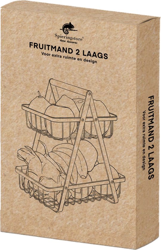 Bruine kartonnen verpakking met een schematische tekening van een tweelaagse fruitmand.