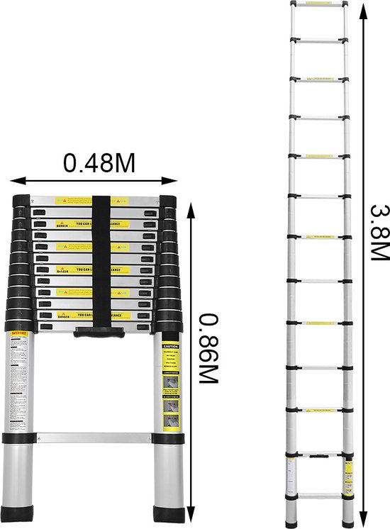 Gevouwen telescoopladder van aluminium, 0,86m hoog, 0,48m breed. Uitgeschoven 3,8m hoog. Zilverkleurig met zwarte handgrepen en treden.