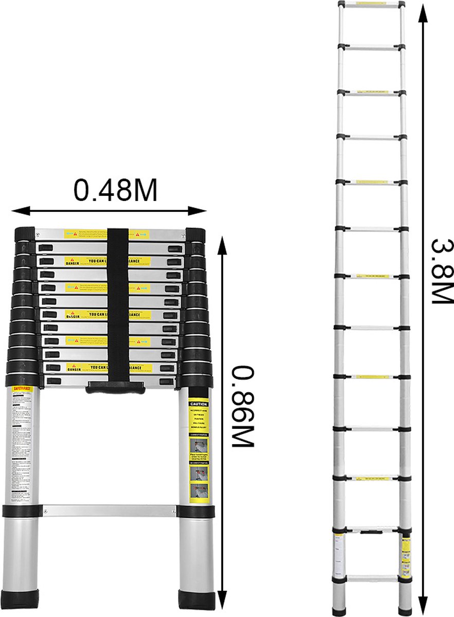 Telescopische Vouwladder - Telescopische Ladders - Soft Close - Werkhoogte 3,8 m - zilverachtig – foto 2